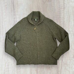 Eddie Bauer Olive Green Tweed Wool Blend Full Zip Shawl Collar Sweater Jacket XL